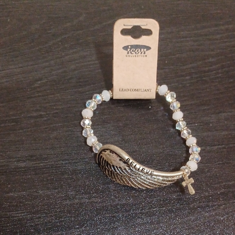 Stylish Worn Gold Wing Bracelet with White and Silver Beads